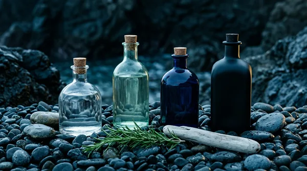 Four plain unlabelled glass bottles, clear, sea-green, navy and matte black, on wet sea pebbles beside rosemary and driftwood.