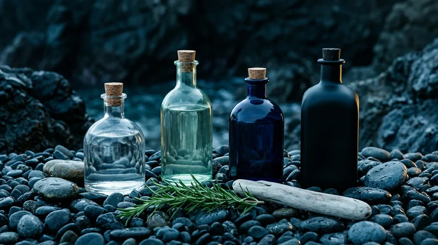 Four plain unlabelled glass bottles with cork stoppers, one clear, one pale sea-green, one deep navy and one matte black, standing on wet dark sea pebbles beside a sprig of rosemary and a piece of pale driftwood.