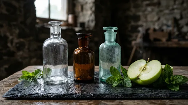 Three plain unlabelled glass apothecary bottles, clear, amber and pale aqua, on dark wet slate with mint sprigs and a halved green apple.