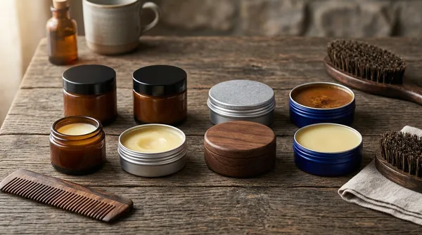 Beard balm tins in metal, wood and glass beside a comb and boar-bristle brush