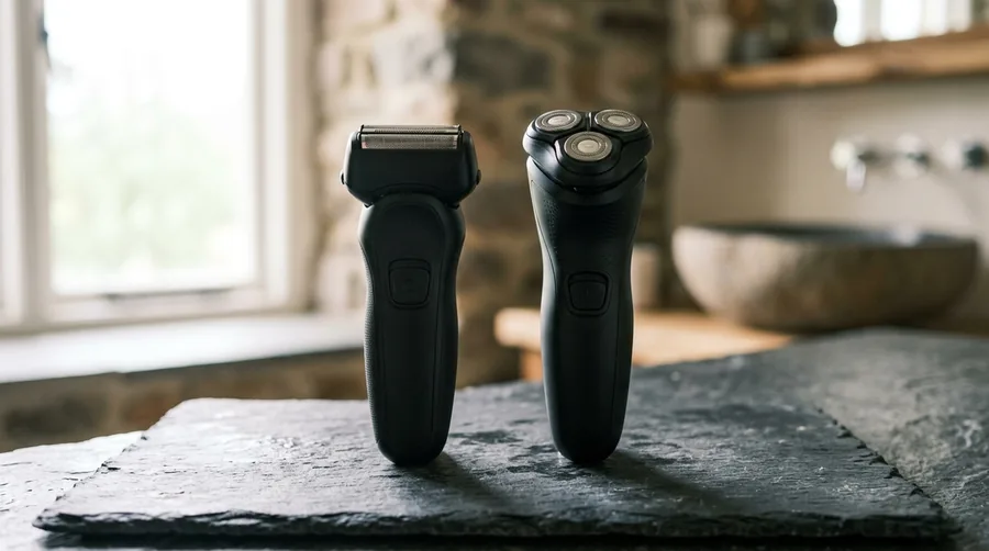 Two plain unbranded black electric shavers standing upright on a dark slate slab, one with a flat foil head and one with three round rotary heads, beside a stone sink in side window light.