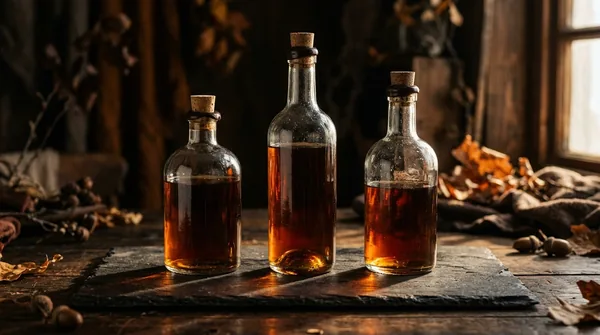 Three unlabelled heavy glass bottles of amber liquid standing in a row on a dark slate slab, with dried autumn leaves and acorns behind them