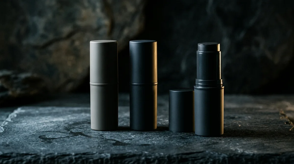 Three unlabelled matte cosmetic sticks standing on dark slate in cool side light, one with its cap removed and set beside it