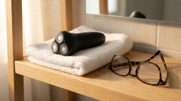 A plain unbranded black electric shaver with three round rotary heads resting on a folded white towel beside tortoiseshell reading glasses on a light oak bathroom shelf in warm morning light.