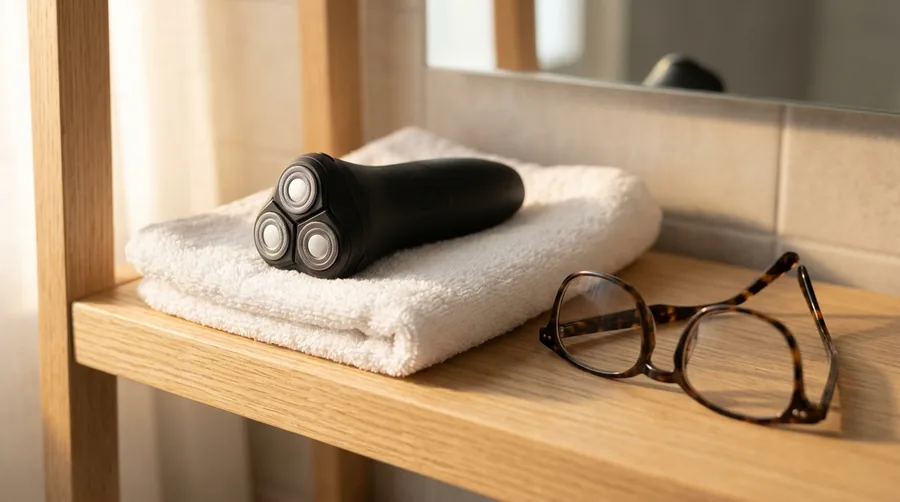 A plain unbranded black electric shaver with three round rotary heads resting on a folded white towel beside tortoiseshell reading glasses on a light oak bathroom shelf in warm morning light.