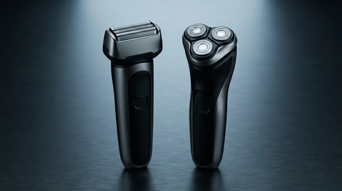 One foil shaver and one three-head rotary shaver, both unbranded and unmarked, standing upright on a dark brushed-metal surface under a single cool overhead light