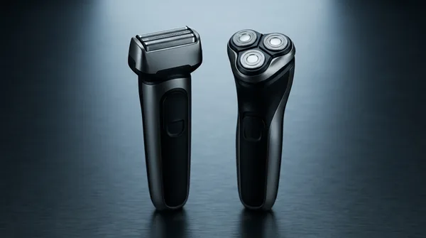 One foil shaver and one three-head rotary shaver, both unbranded and unmarked, standing upright on a dark brushed-metal surface under a single cool overhead light