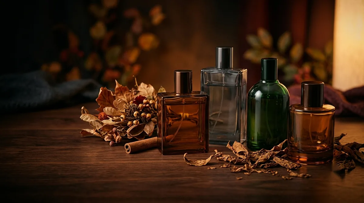 Four unbranded heavy glass fragrance bottles in amber, smoke grey and bottle green on dark walnut with dried autumn botanicals