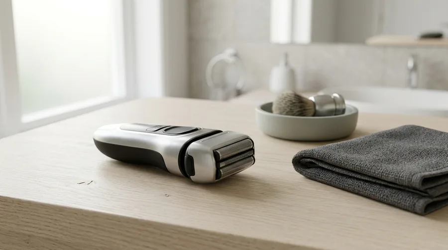 A silver and black foil electric shaver lying on a pale oak bathroom counter beside a folded charcoal towel and a small dish holding a shaving brush, in soft window light.