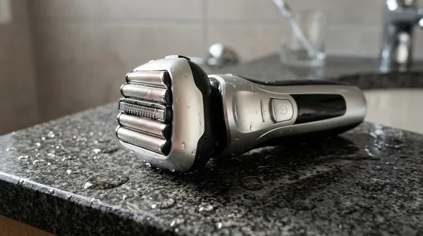 A silver multi-blade foil shaver with no visible branding on a wet granite bathroom counter beside a basin.