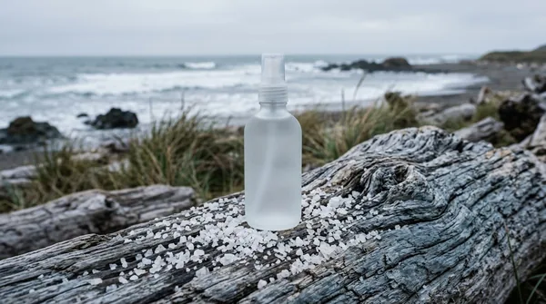 A plain unlabelled frosted glass spray bottle on weathered driftwood scattered with coarse salt crystals, a grey sea behind.