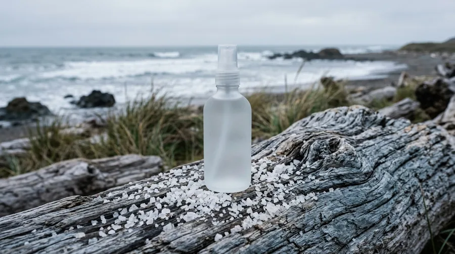 A plain unlabelled frosted glass spray bottle standing on weathered driftwood scattered with coarse salt crystals, with a grey sea and rocky shore behind.