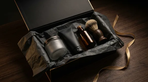 An open matte black gift box on walnut holding a frosted jar, a plain tube, an amber bottle and a shaving brush.
