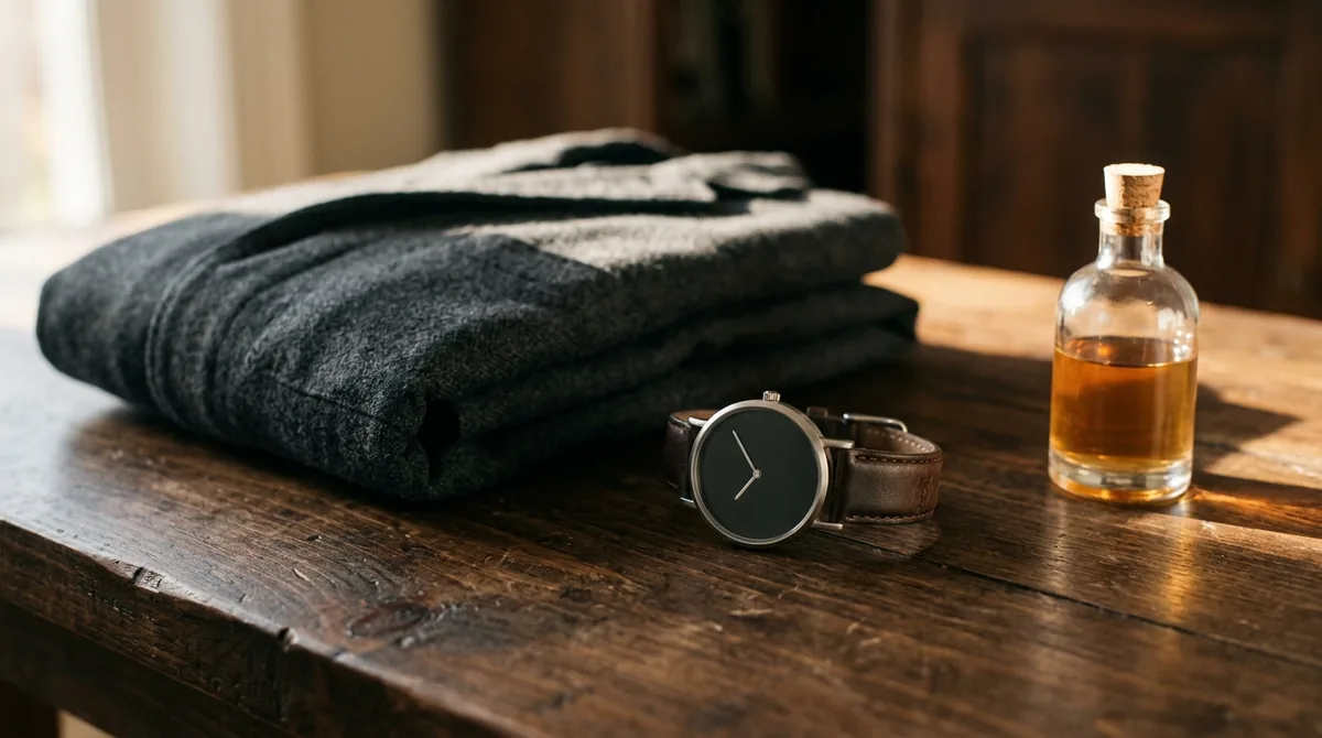 A folded charcoal jacket, a plain wristwatch and an unlabelled glass bottle arranged on a dark wooden desk in low morning light