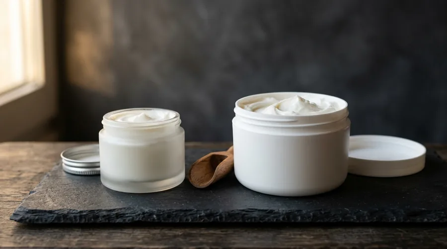 A small frosted glass jar and a larger plain white tub of thick white cream, lids off, on a dark slate slab beside a wooden scoop, lit from a side window.