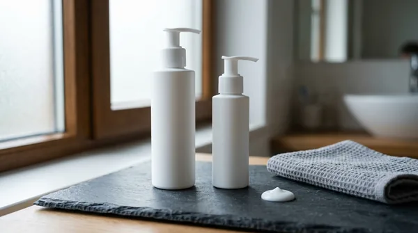 Two plain unlabelled matte white pump bottles, one taller than the other, with a small dab of white lotion on a dark slate slab beside a folded grey waffle towel in cool window light.