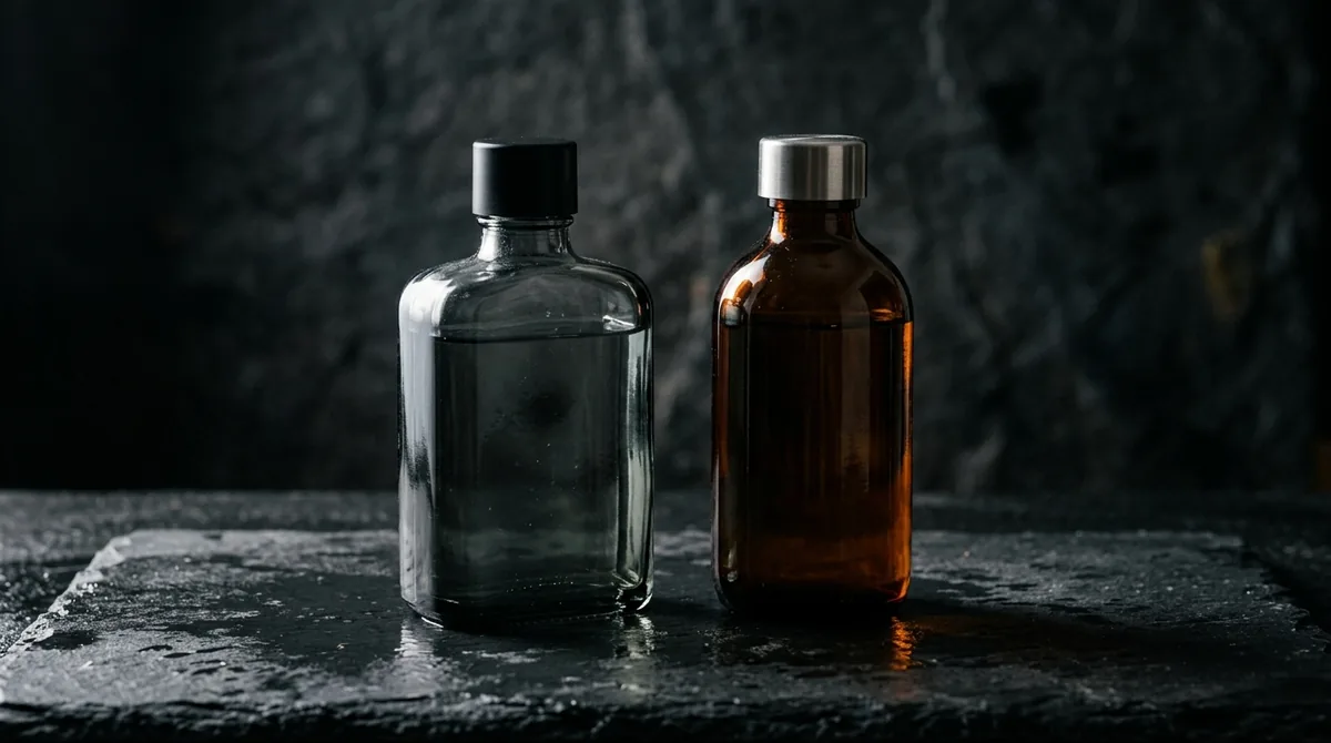 One smoky grey and one amber unbranded glass bottle side by side on wet dark slate under moody directional light