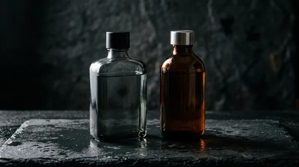 One smoky grey and one amber unbranded glass bottle side by side on wet dark slate under moody directional light