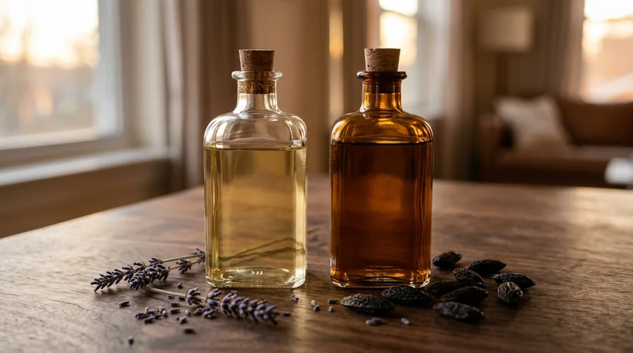 Two plain unlabelled glass apothecary bottles with cork stoppers, one pale gold and one deep honey brown, on dark walnut wood beside dried lavender sprigs and dark tonka beans in warm evening light.