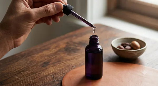 A dropper releasing beard oil above an amber glass bottle beside a bowl of argan nuts