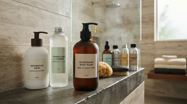 Amber and frosted glass body wash bottles on a shower shelf