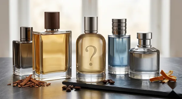 Five luxury cologne bottles on a dark slate board with cinnamon, coffee beans and orange peel, one marked with a question mark