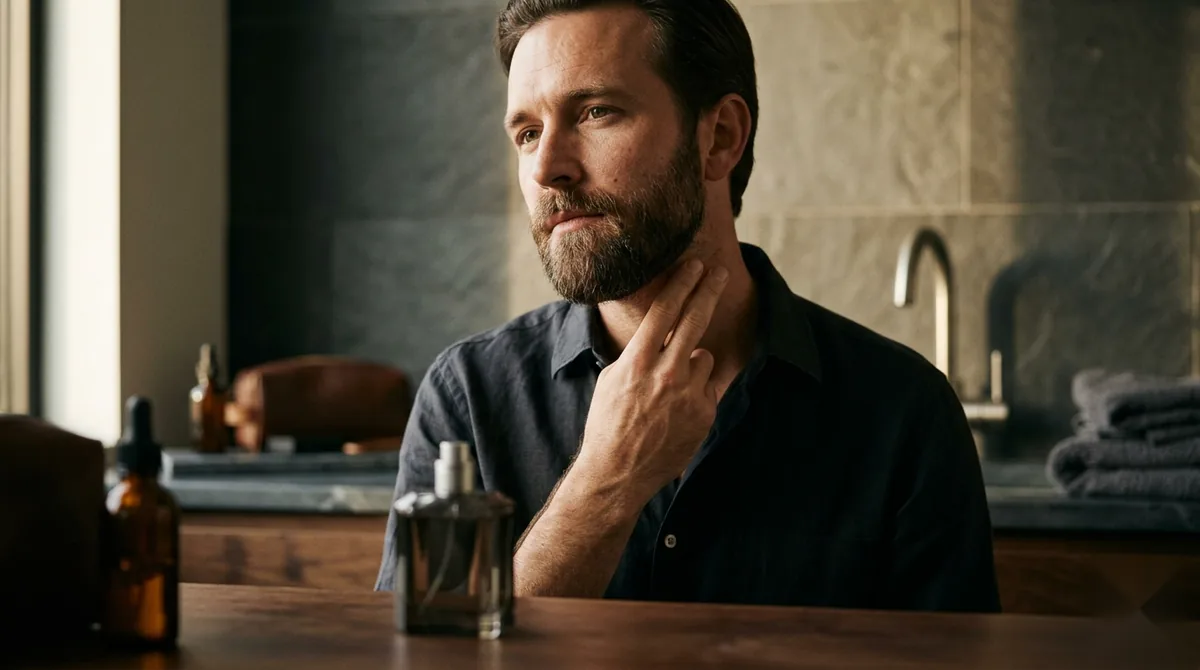 A man applying an unbranded luxury cologne to his neck in warm evening light