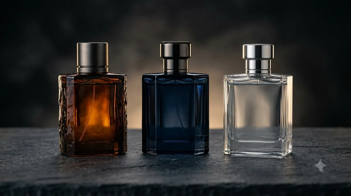 Three unbranded luxury men's fragrance bottles &mdash; amber, deep blue and clear &mdash; on dark stone
