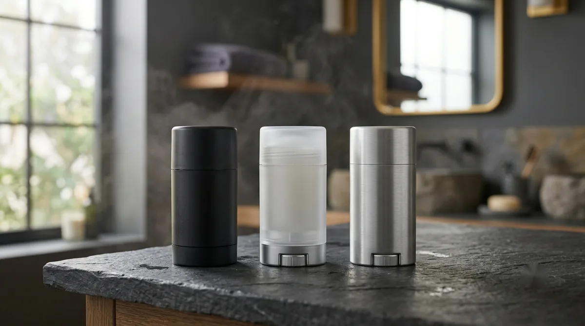 Three unbranded men's deodorant sticks in matte black, frosted glass and brushed aluminum on a dark slate bathroom counter