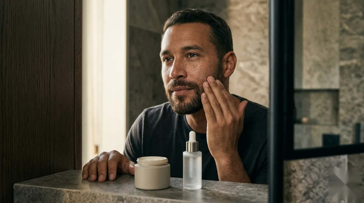 A man applying an unbranded luxury face moisturizer to his cheek and jaw