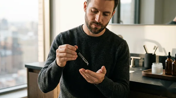 A man dispensing serum drops from an unbranded smoked-glass dropper