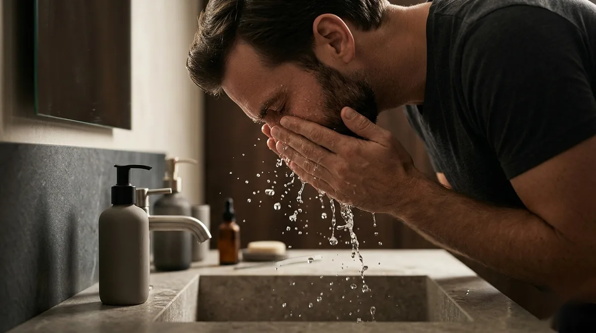 A man rinsing his freshly cleansed face over a stone basin