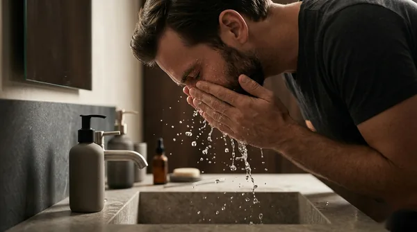 A man rinsing his freshly cleansed face over a stone basin