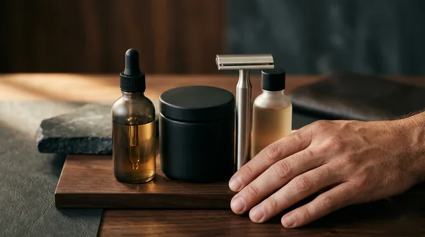 An edit of luxury men's grooming products arranged on a dark slate surface