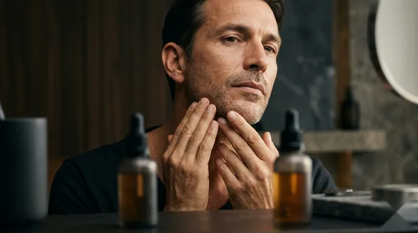 A man pressing a firming peptide serum along his jawline and neck