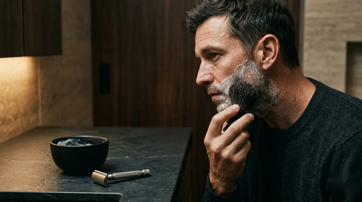 A man applying shaving lather with a brush beside an unbranded safety razor