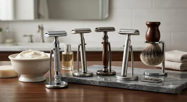 A row of unbranded double-edge safety razors on stands beside a shaving brush and lather bowl
