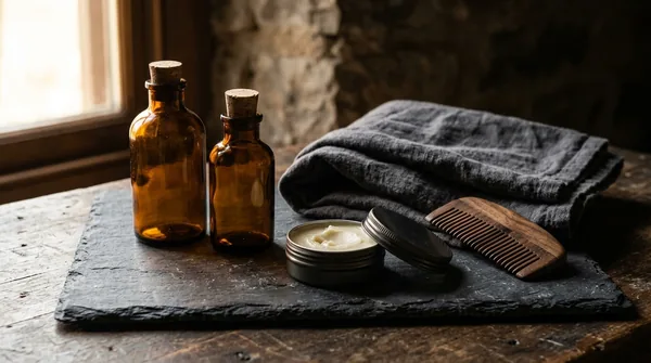 Two plain unbranded amber glass bottles and an open tin of balm on a dark slate slab beside a folded charcoal towel and a wooden comb.