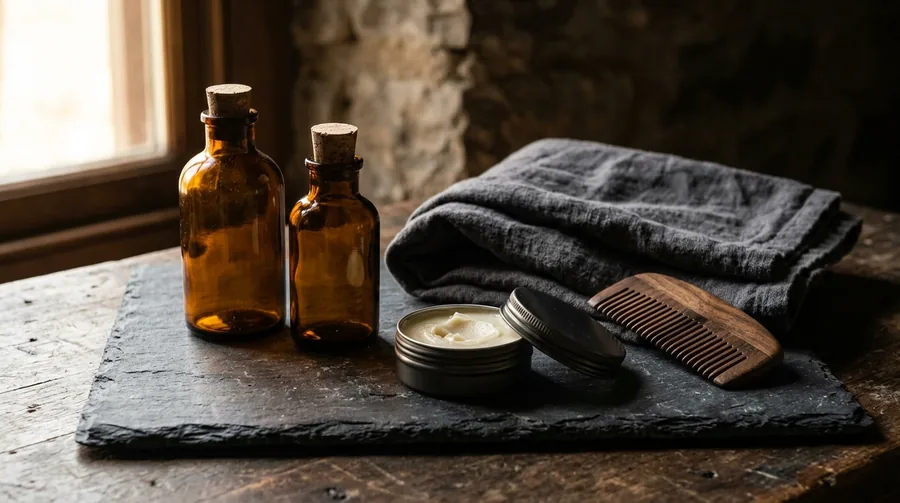 Two plain unbranded amber glass bottles and an open tin of balm on a dark slate slab beside a folded charcoal towel and a wooden comb.