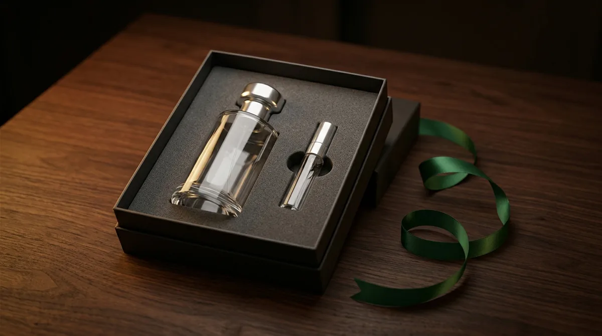 An open rigid gift presentation box with charcoal moulded foam holding one unlabelled glass bottle and a small travel atomiser, with green satin ribbon on a dark walnut table