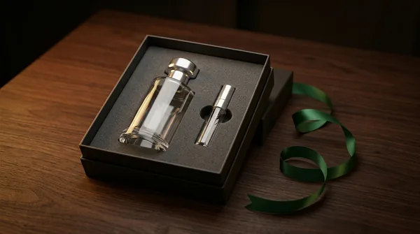An open rigid gift presentation box with charcoal moulded foam holding one unlabelled glass bottle and a small travel atomiser, with green satin ribbon on a dark walnut table