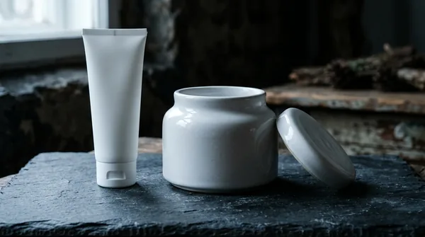 A plain unlabelled white ceramic jar with its lid resting against it, beside a plain white squeeze tube, on dark slate under cold window light