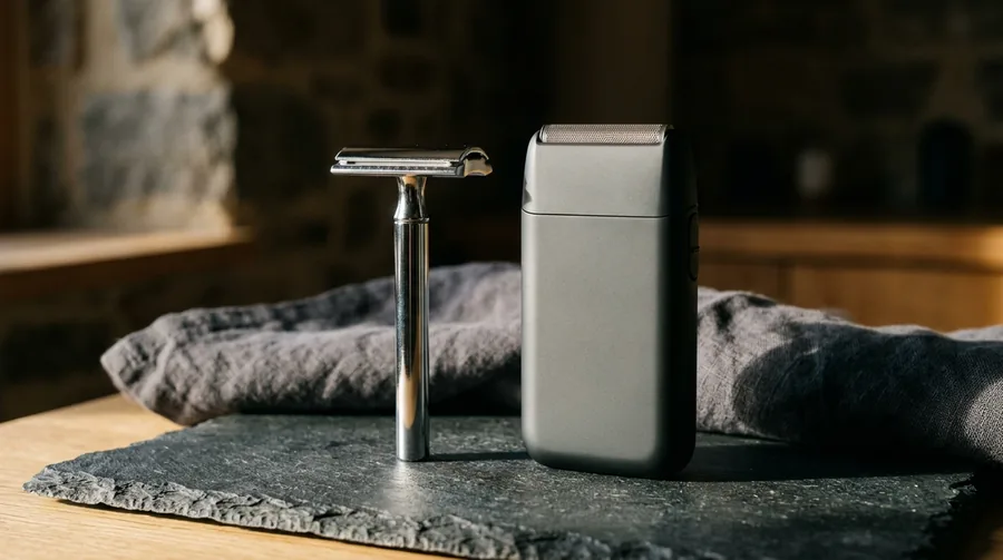 A plain unbranded chrome double-edge safety razor standing upright beside a pale grey rectangular cordless foil shaver, both on a dark slate slab with a folded charcoal towel behind them.