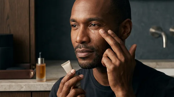 A man tapping eye cream beneath his eye with his ring finger
