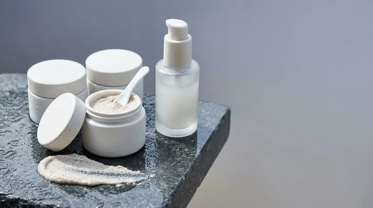 Two unbranded white ceramic jars and a frosted glass bottle on wet dark grey stone with a smear of exfoliant paste in the foreground