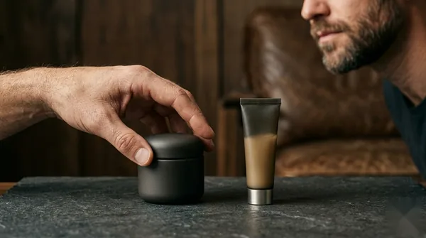 A man's hand choosing between two unbranded face moisturizer jars on dark stone