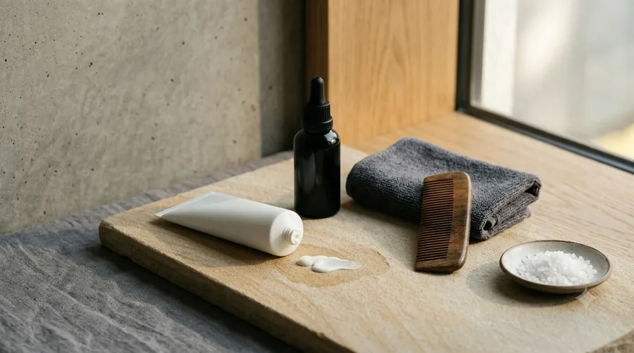 A men's grooming flatlay by a window: a white sunscreen tube with a dab of cream, a dropper serum bottle, a folded towel and a wooden comb on a sandstone board