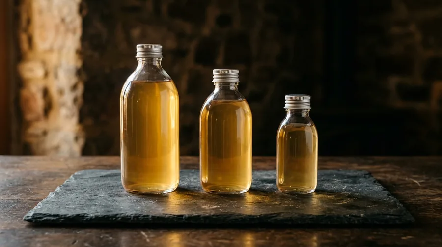 Three plain unlabelled glass fragrance bottles of descending size on a dark slate slab, lit from one side against a deep shadow.