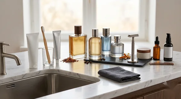 A men's luxury grooming routine on a marble bathroom counter with cleanser, cologne, a razor and serums