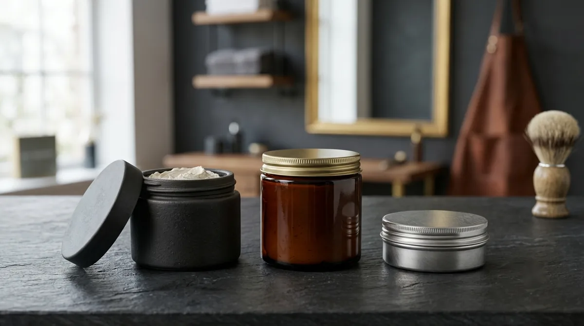 Three unbranded hair-clay jars in dark matte, amber glass and brushed metal on a dark slate counter